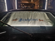 Das Bild zeigt die Heckscheibe eines Autos, die von einem Sonnenschirm mit der gestickten Aufschrift "Fleischelaut" und zwei roten hundeähnlichen Figuren auf beiden Seiten bedeckt ist. Das Auto ist in einem Innenraum bei heller Beleuchtung geparkt.