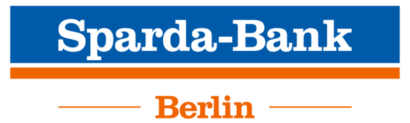 The Sparda-Bank Berlin logo shows "Sparda-Bank" in white lettering on a blue background with an orange and white stripe underneath. Below this is "Berlin" in orange with horizontal orange-coloured lines on both sides.