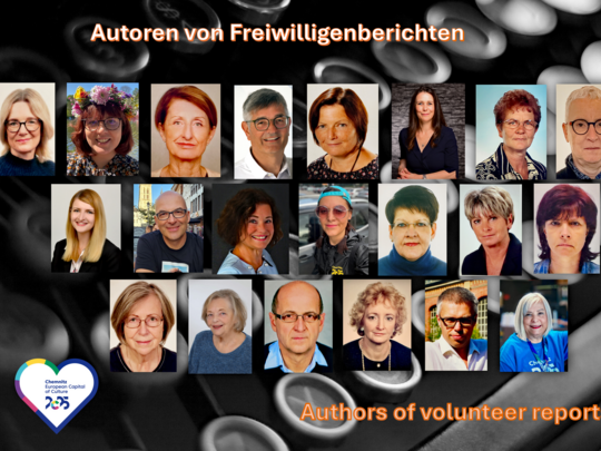 Eine Collage mit 22 Fotos von Männern und Frauen, betitelt "Autoren von Freiwilligenberichten" und "Autoren von Freiwilligenberichten", mit einem herzförmigen Logo in der linken unteren Ecke.